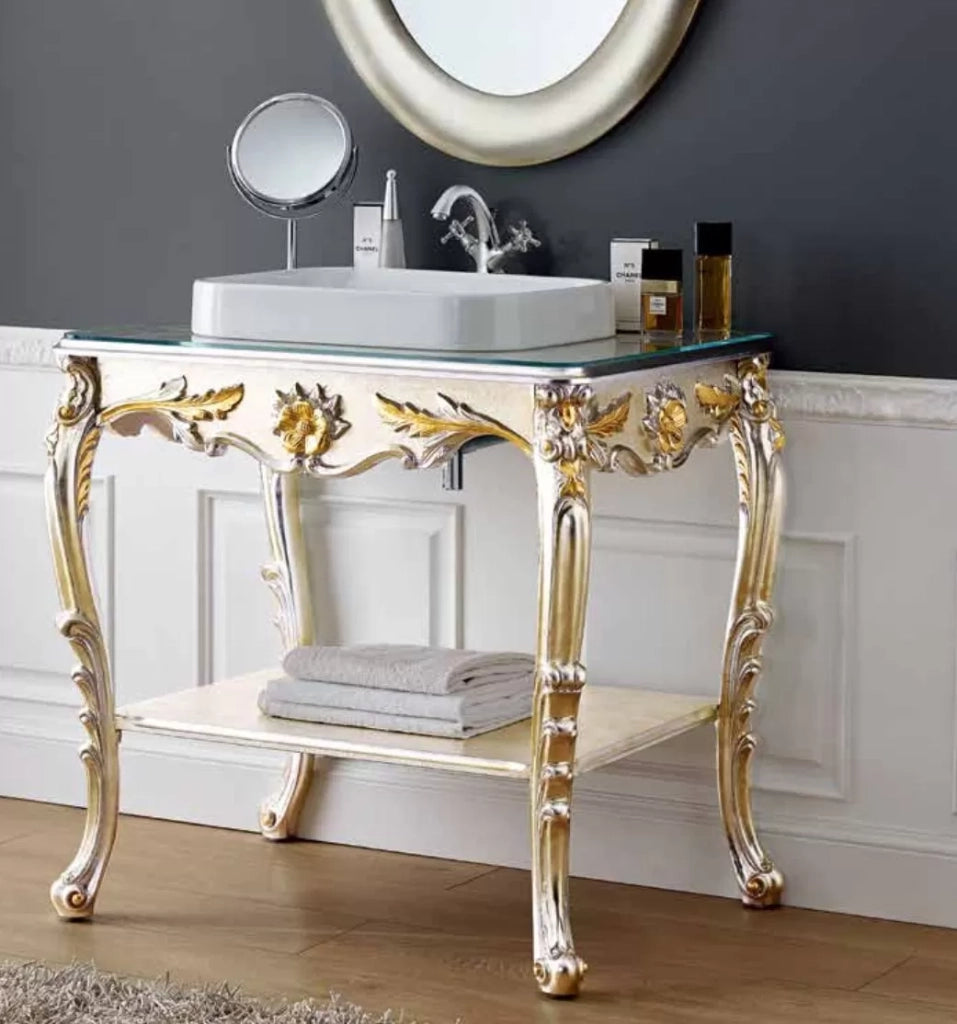 Mobile bagno barocca in foglia argento platino con particolari foglia oro misura : l. 85 x h. 85 x p.58