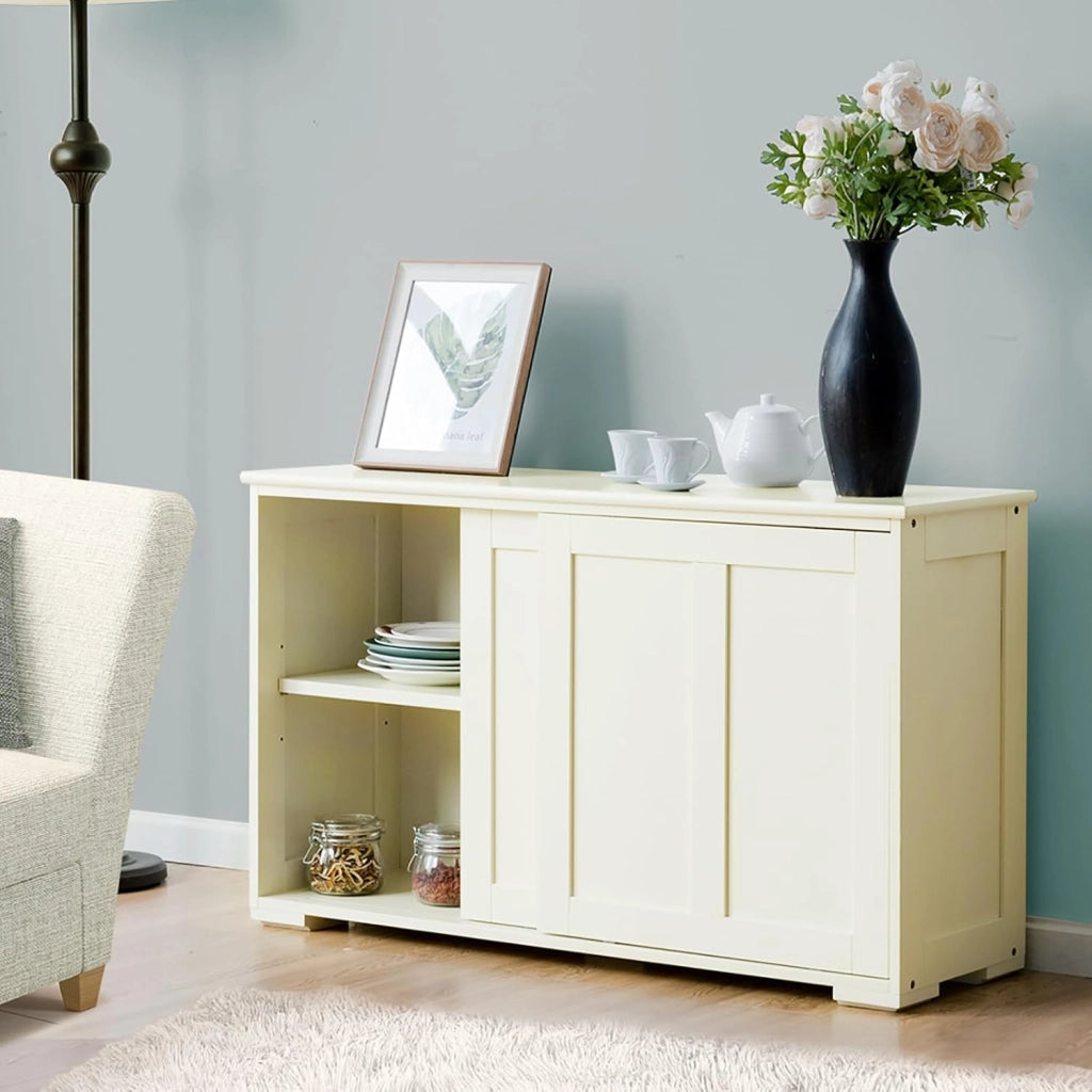 Credenza Cucina con Ripiano Regolabile, Dispositivi Anti-Ribaltamento e Ante Scorrevoli, Mobile Buffet Dispensa Cucina in MDF, Armadietto a Buffet per Sala da Pranzo, 107x33x60cm (Crema)