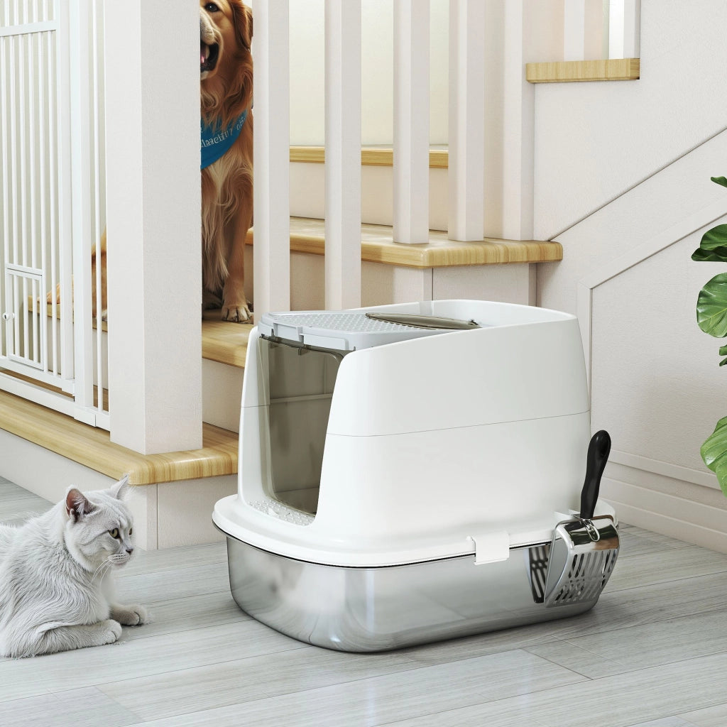Lettiera Chiusa per Gatti a 2 Porte 52,4x41,3x39,8 cm Vaschetta in Acciaio Inox Bianco