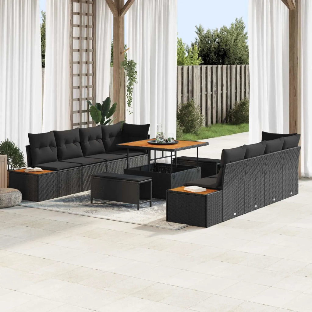 Set Divano da Giardino con cuscino 11 pcs Nero Poly Rattan