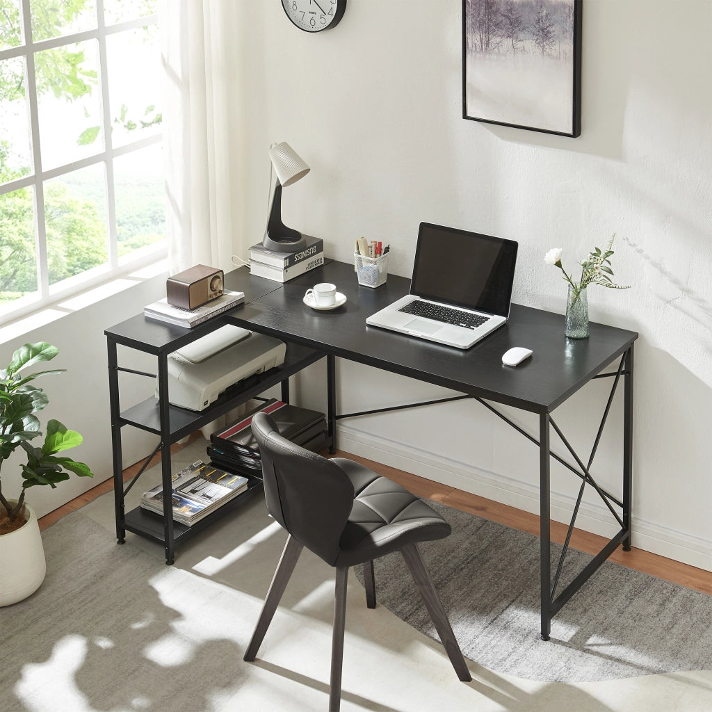 Scrivania Angolare Raundsvalt Tavolo a L con Laterale Reversibile 137x88x75 cm Nero [en.casa]
