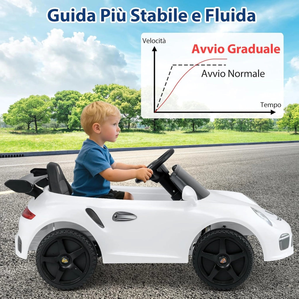 12 V Auto Elettrica per Bambini, Macchina Elettrica Porsche con Licenza Ufficiale, Telecomando, Musica, Luci LED, Clacson e Avvio Morbido, per Bambini 3-8 Anni (Bianco)