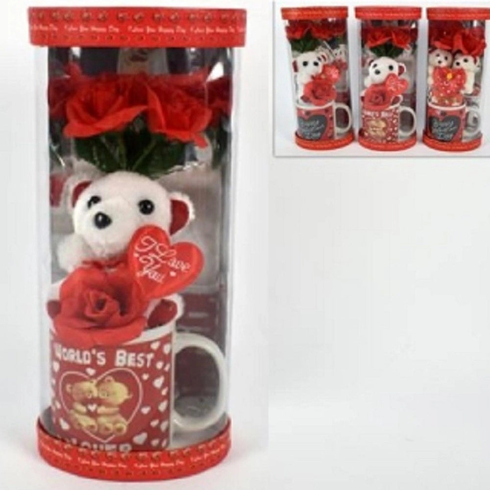Trade Shop - Tazzone Tazza Con Orsetto Fiore In Box Regalo San Valentino 3 Modelli Assortiti -