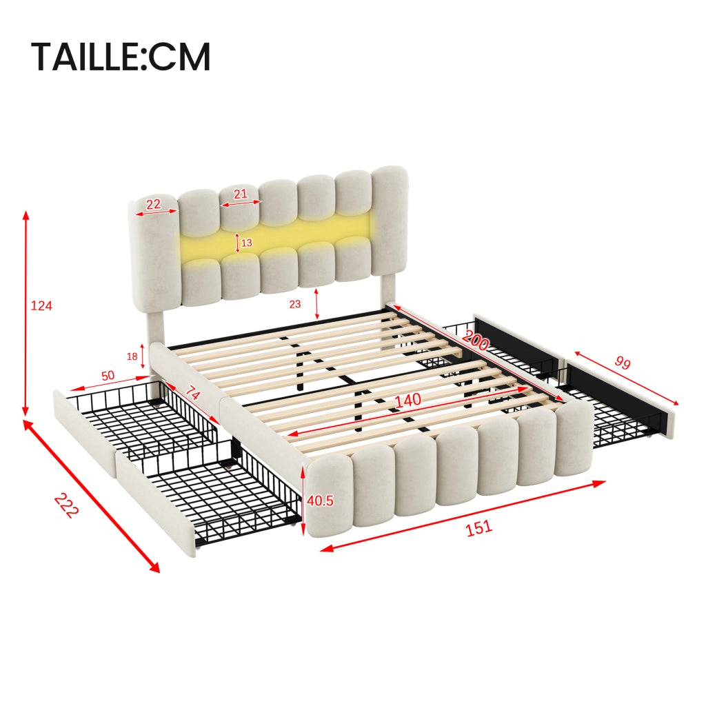 Letto con Cassetti 140×200 cm; Letto Matrimoniale con 4 Cassetti; USB; Altoparlanti e LED; senza Materasso; Beige
