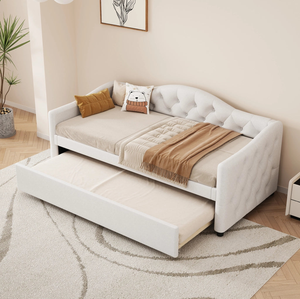 LETTO estraibile 90x200 cm beige in lino e MDF