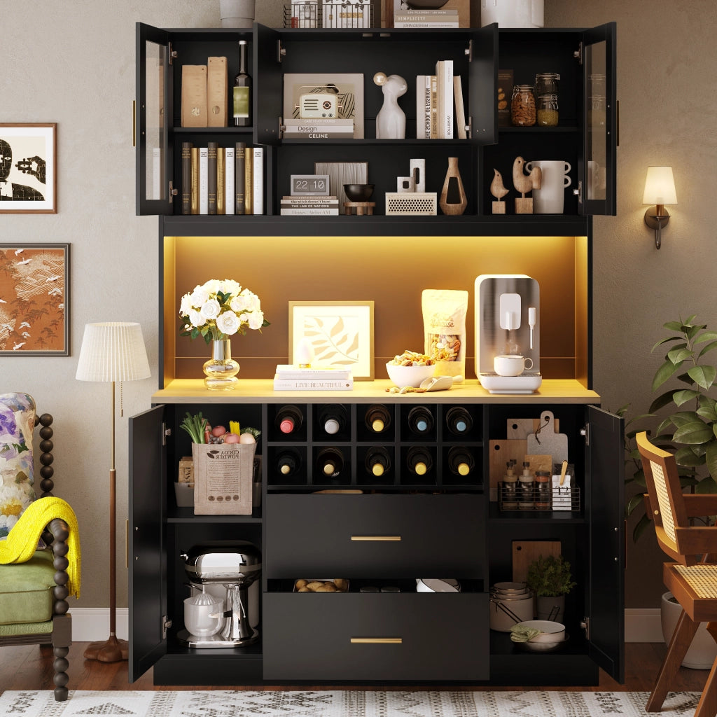CREDENZA 120x36,3x180 cm nera in MDF e metallo con LED e prese