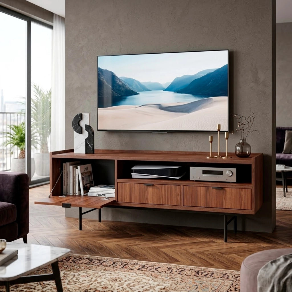 Mobile TV Con 1 Anta A Ribalta 2 Cassetti E Vano A Giorno Con Passacavo In Melaminico Per Soggiorno Salotto Zona Living Design Moderno Contemporaneo 150 X 40 X 55 Cm Noce