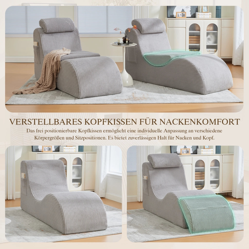 Poltrona ergonomica a compressione rapida con cuscino removibile e tasca laterale in tessuto a coste grigio chiaro