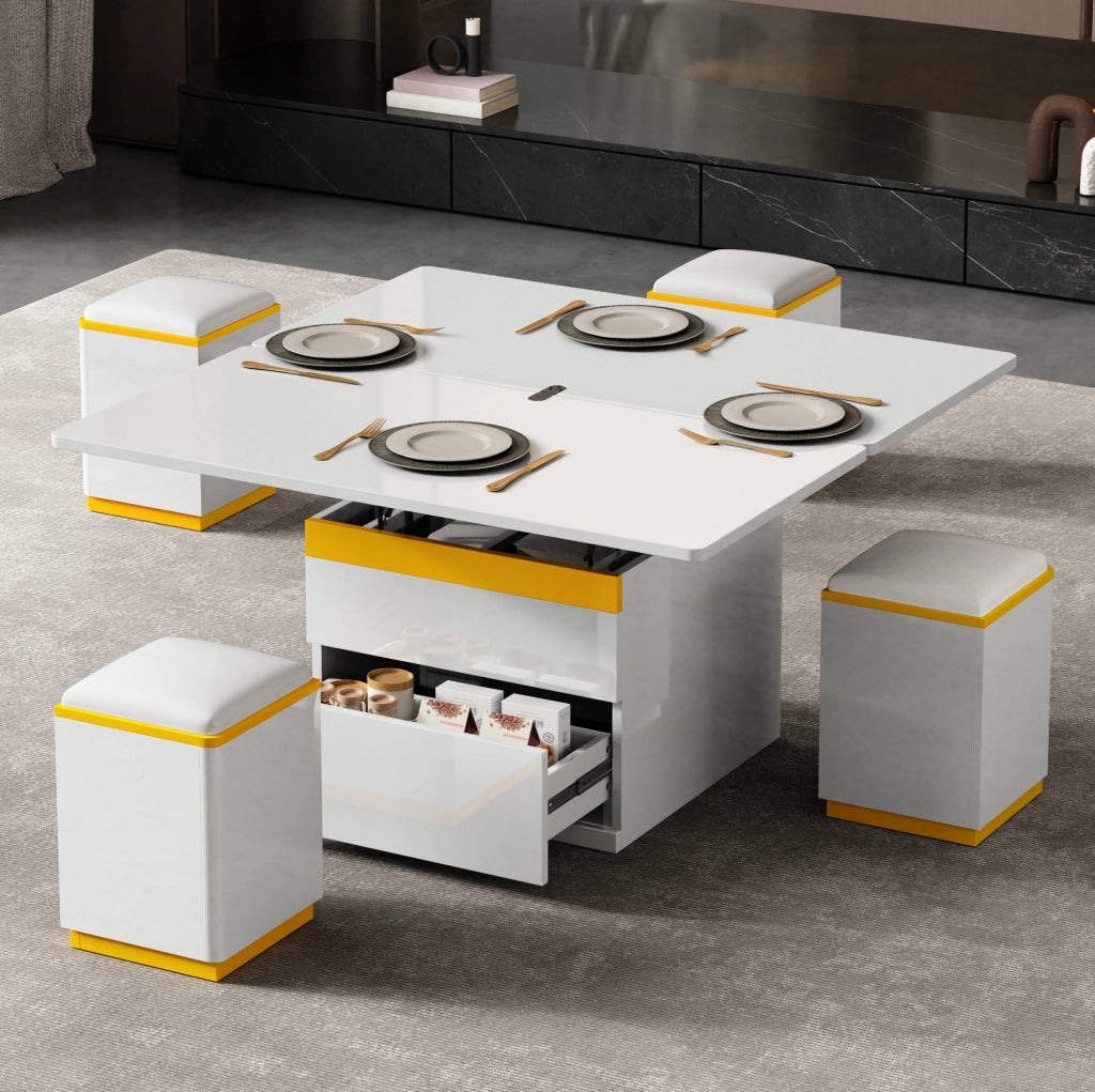 Tavolino da caffè sollevabile e pieghevole 100x50x43 cm con 4 sgabelli; MDF; bianco e giallo