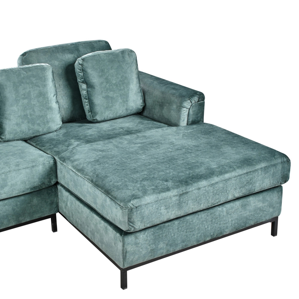 Divano angolare con pouf a forma di L in velluto verde acqua idrorepellente e gambe d'acciaio lato sinistro stile moderno