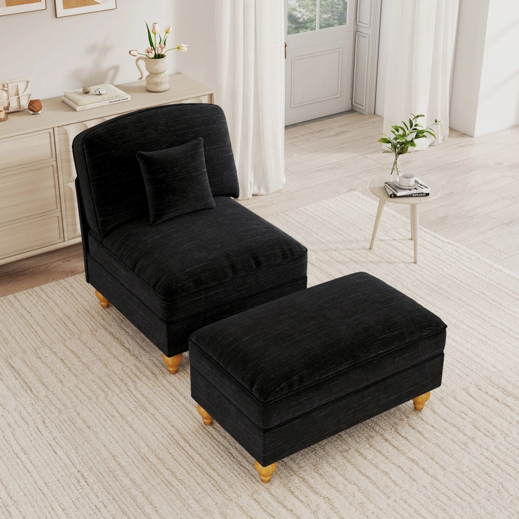 Poltrona relax con pouf e gonna rimovibile - schienale imbottito - in chenille nera
