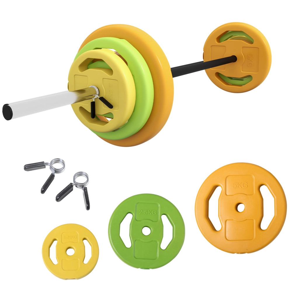 Set Bilanciere e Dischi da 20Kg Totali  6 Pesi 2 Clip di Fissaggio e Presa Antiscivolo in Metallo e PU Multicolore