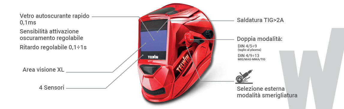 Maschera Saldatura automatica autoscurante Telwin Vantage Red XL Casco Saldatore