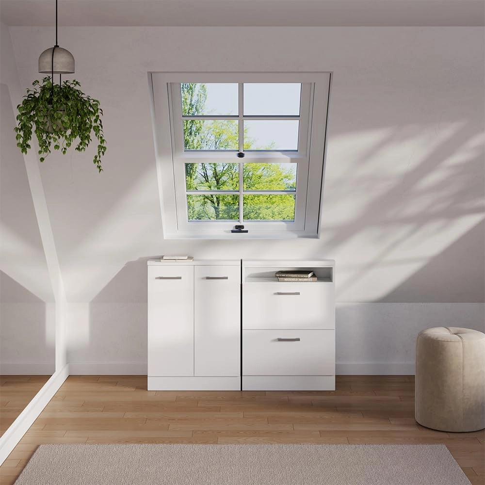 Set di mobili sottotetto Rion, Bianco lucido/bianco, Set di 5