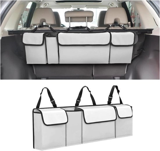 Organizzatore della cassetta del bagaglio, organizzatore per auto, in tessuto Oxford, pieghevole e impermeabile, con 4 contenitori, deposito auto interno (bianco grigio)