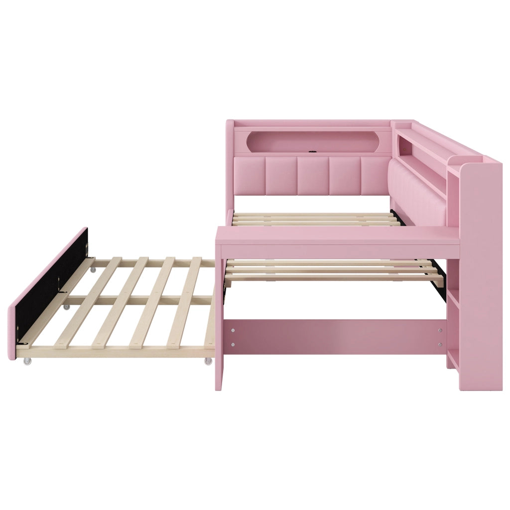 OKWISH Letto a Scomparsa 90×200 cm, Letto Singolo con Letto Estraibile 90×190 cm, USB, LED Regolabile e Scrivania, senza Materasso, Rosa