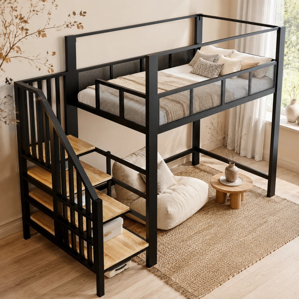 Letto a soppalco in metallo 90x200 cm con scala contenitore, struttura alta, colore nero