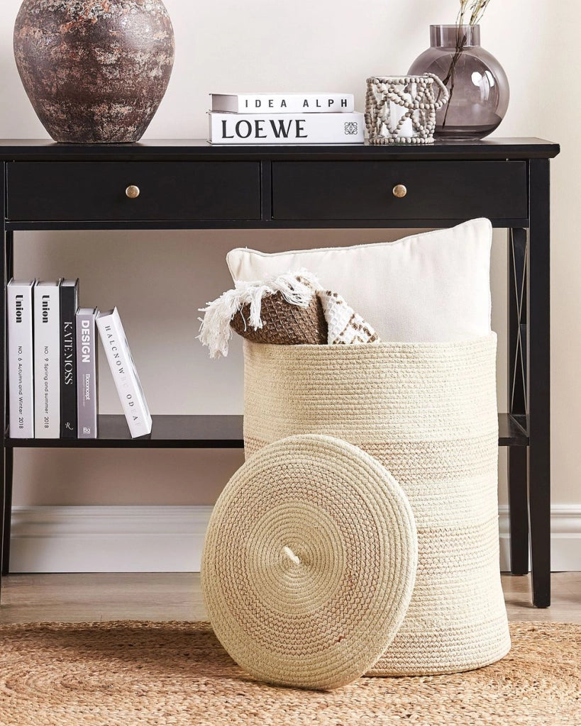 Cestino in tessuto di cotone a righe beige chiaro e rosa con accessori per la conservazione del coperchio boho