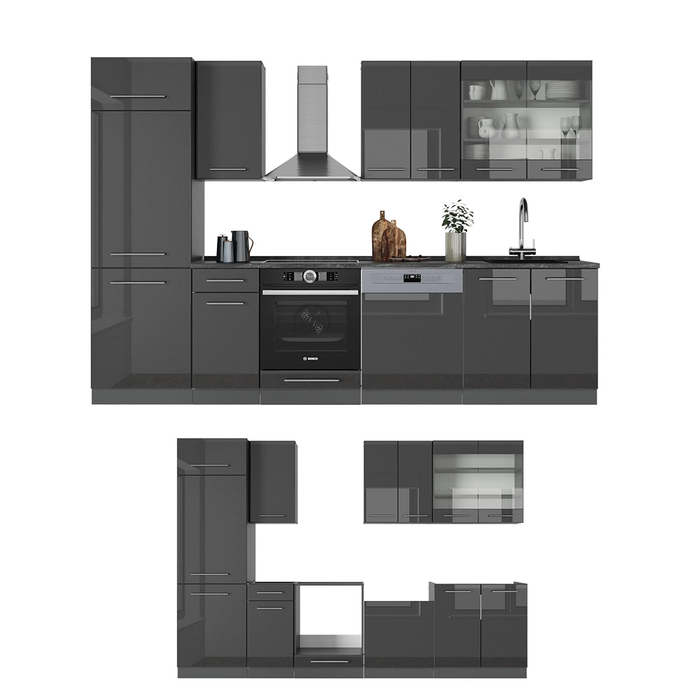 Cucina componibile Fame-Line Antracite lucido/Antracite 300 cm, PL Rovere Vicco