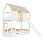 Letto a castello a forma di casa 90x200 cm con scivolo e 2 cassetti, colore bianco e naturale