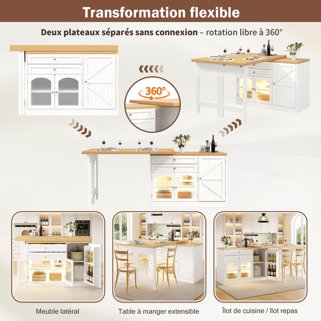 Tavolo da pranzo estensibile con piano girevole a 360°; 2 cassetti e ante in vetro; 120 × 40 × 73;5 cm