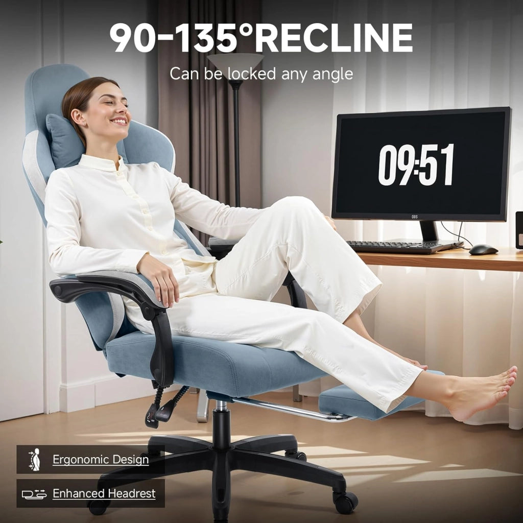 Sedia da gaming, ergonomica, da scrivania, con superficie in tessuto, cuscino a molla, braccioli di collegamento e poggiapiedi, Azzurro