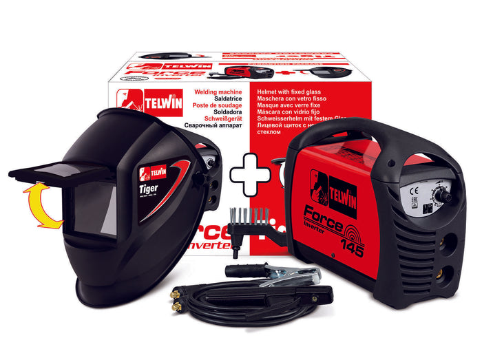 Saldatrice Inverter Telwin Force 145 + Maschera Tiger + Accessori saldatura MMA