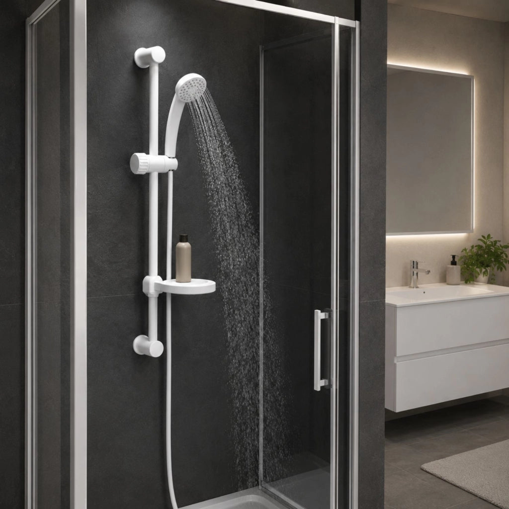 Saliscendi in abs bianco blush con doccetta e portasapone par campeggio nautica giardino