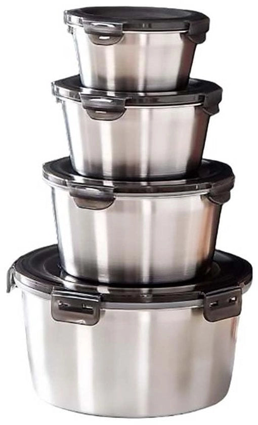 Contenitori alimentari in acciaio inossidabile con coperchi a tenuta d'aria, bento per pranzo riutilizzabile, impermeabili, lavastoviglie e forno (senza coperchio) (300 ml + 550 ml + 950 ml + 2000 ml)