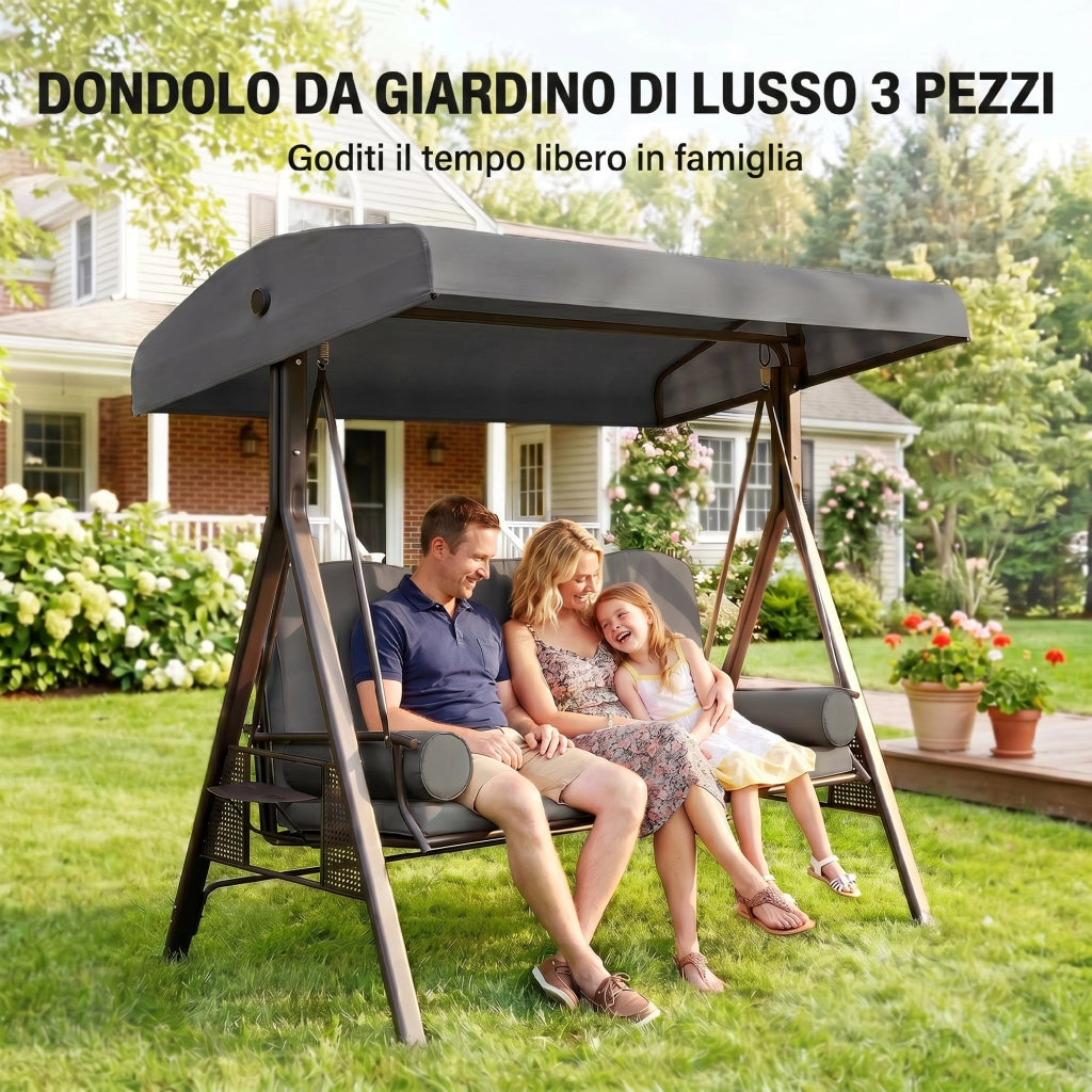 Dondolo da Giardino 3 Posti con Tetto Regolabile, Portabicchieri e Cuscini, 208x120x172 cm, Grigio