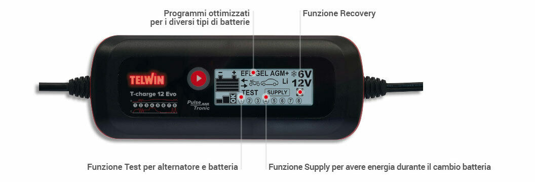 Caricabatterie Mantenitore Tester Batterie 6/12V Telwin T-Charge 12 EVO con LCD
