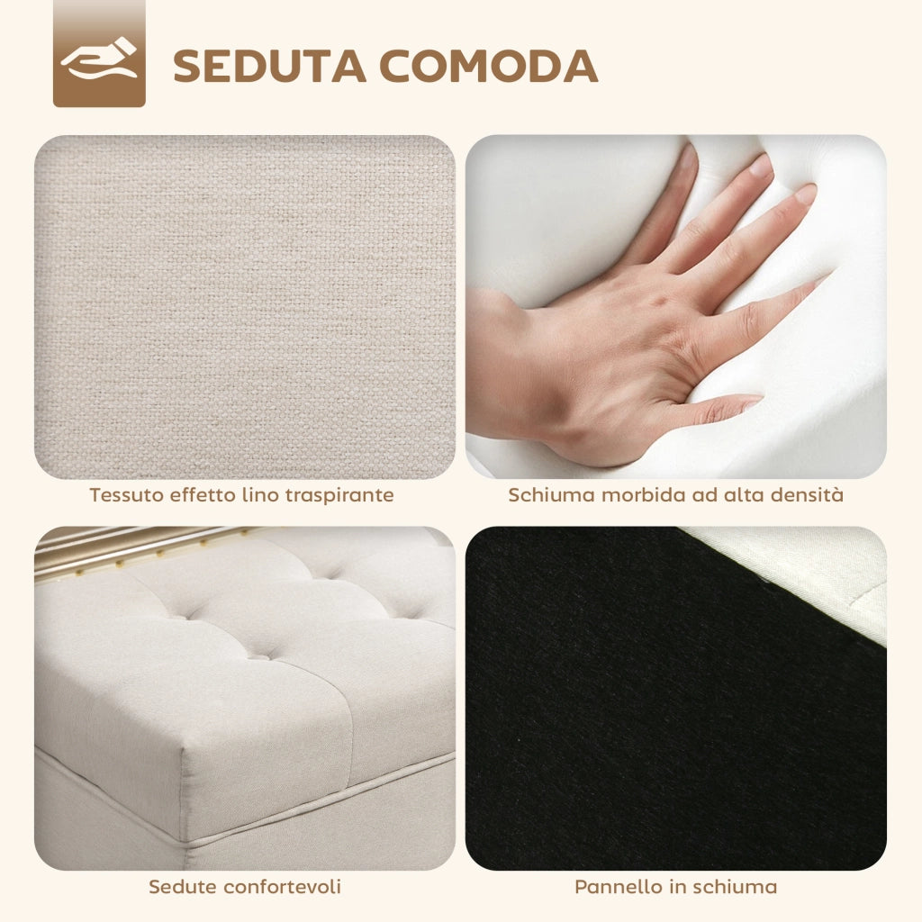 Panca Contenitore 118x42x45 cm da 80L Imbottita con Rivestimento in Tessuto e Gambe in Legno Crema