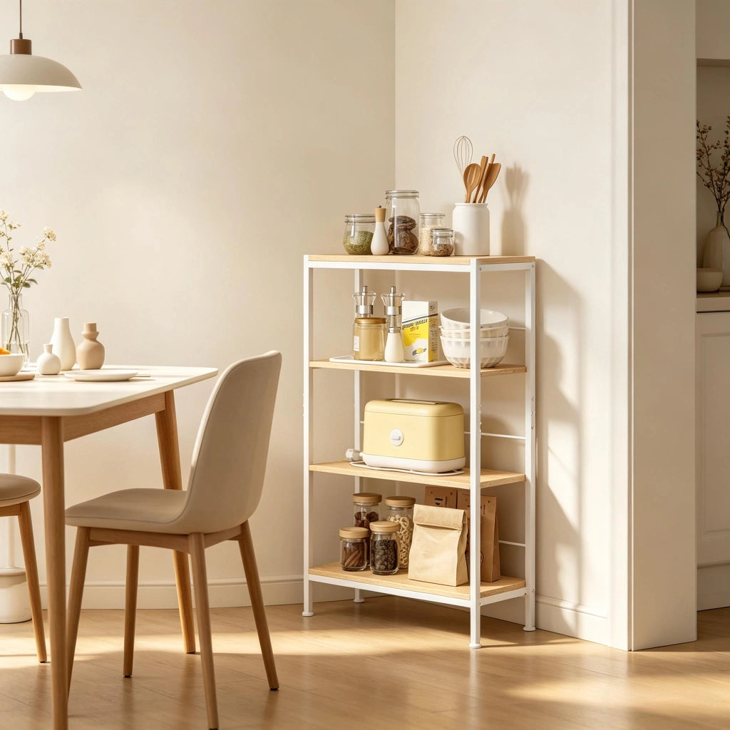Scaffale salvaspazio a 4 ripiani in MDF e metallo bianco e rovere chiaro 50x20x78 cm
