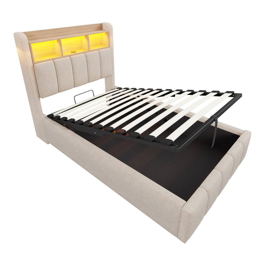 Letto imbottito 90x200 cm con LED; contenitore in lino beige