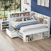 DESMIU Letto per Bambini Letto Singolo 140 × 190 cm con Cassetti e Scaffali, 2 Posti, Senza Materasso, Bianco