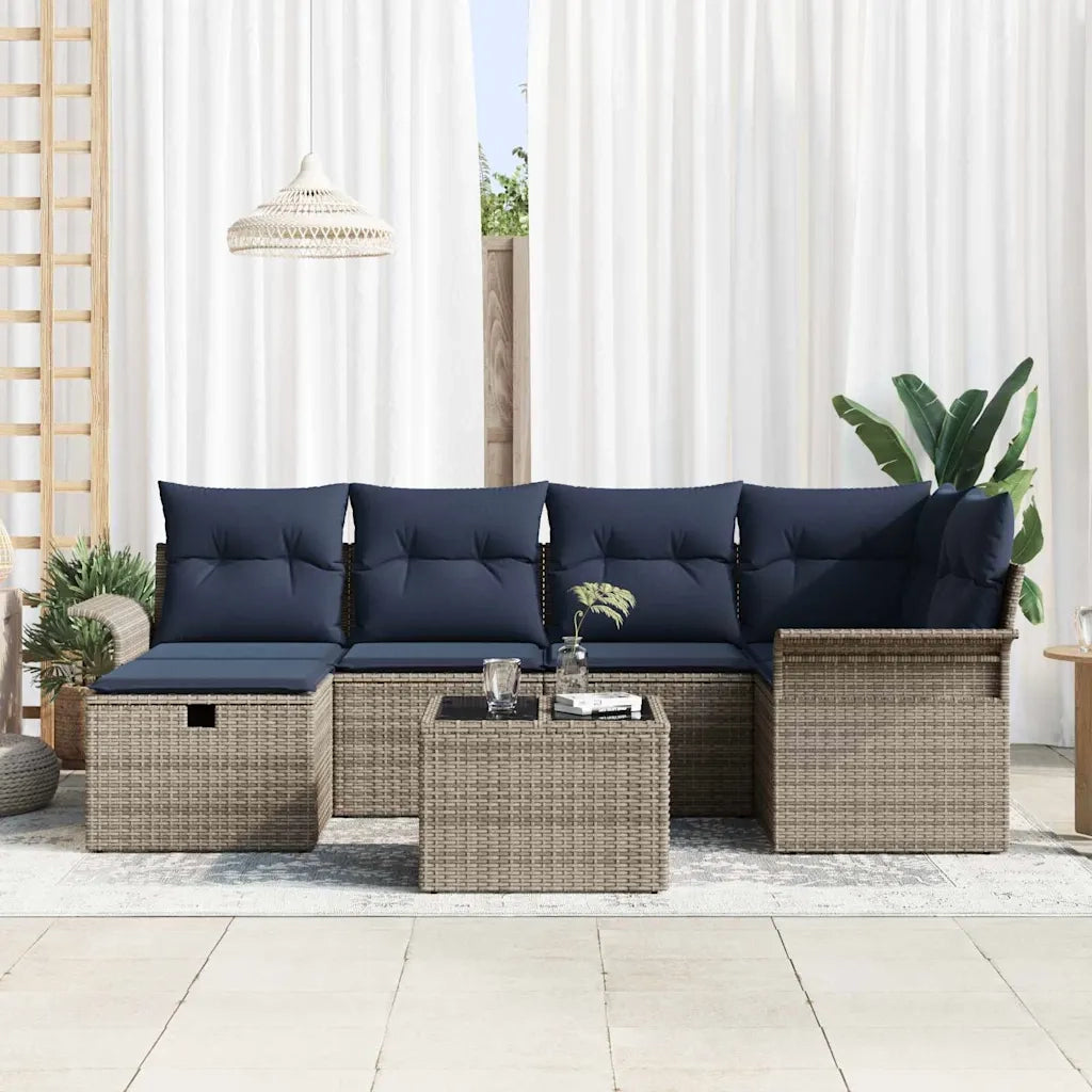 Set Divano da Giardino 7 pcs Grigio e Blu Navy polyrattan