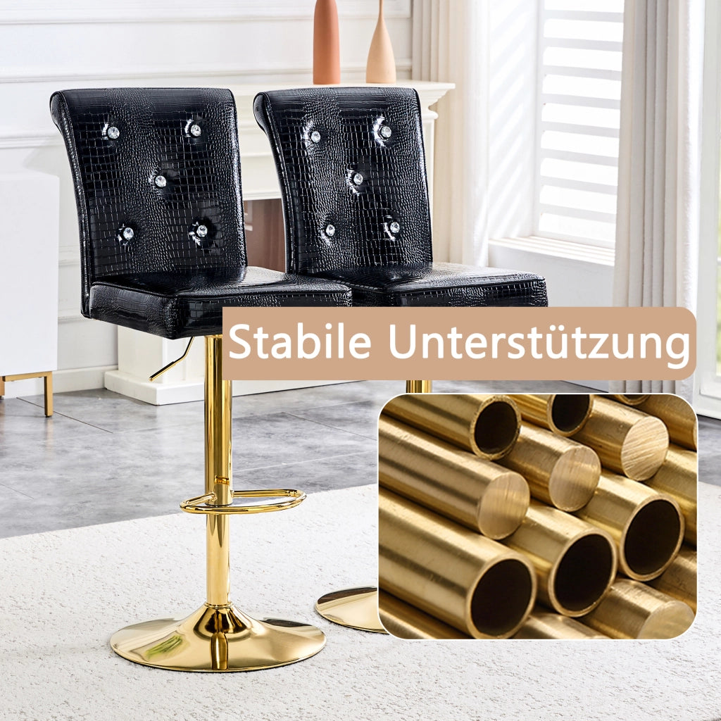 Set di 2 Sgabelli da Bar con Dettagli a Bottone Cristallo; per Cucina e Sala da Pranzo; PVC; Nero
