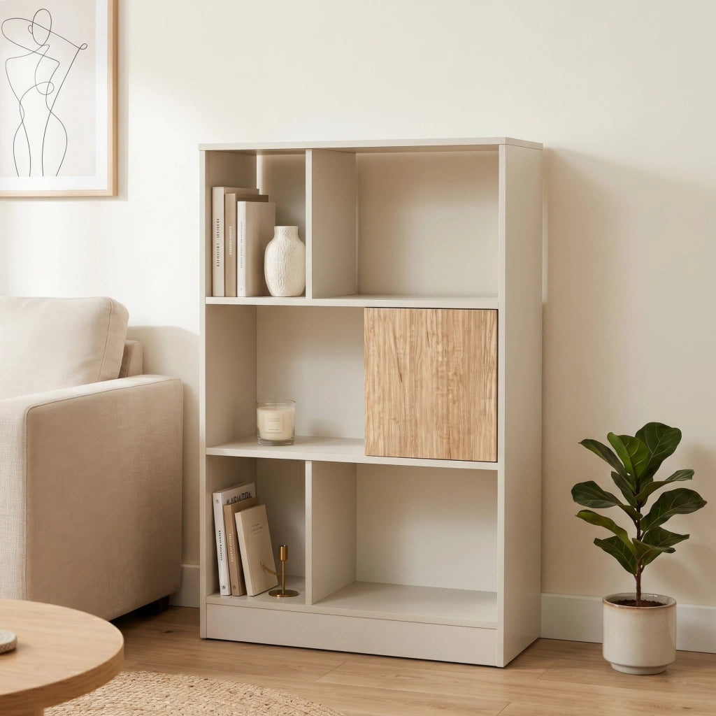 Libreria Karena Scaffale da Terra con Anta e 5 Vani Aperti 112x70x30 cm - Bianco Crema/Effetto Rovere [en.casa]