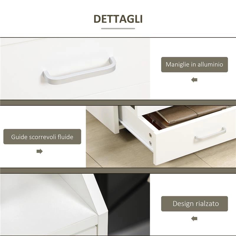 CASSETTIERA DA UFFICIO IN LEGNO CON 4 CASSETTI, RUOTE E BORDI RIALZATI, 40X36X65CM, BIANCO