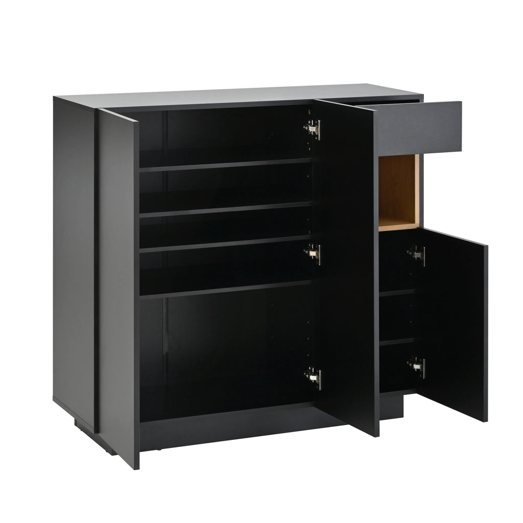 Mobile Scarpiera con 1 Cassetto; Ripiani Regolabili e LED 16 Colori; Stile Moderno; in Pannelli; Nero/Naturale; 105??39;5??100;5 cm