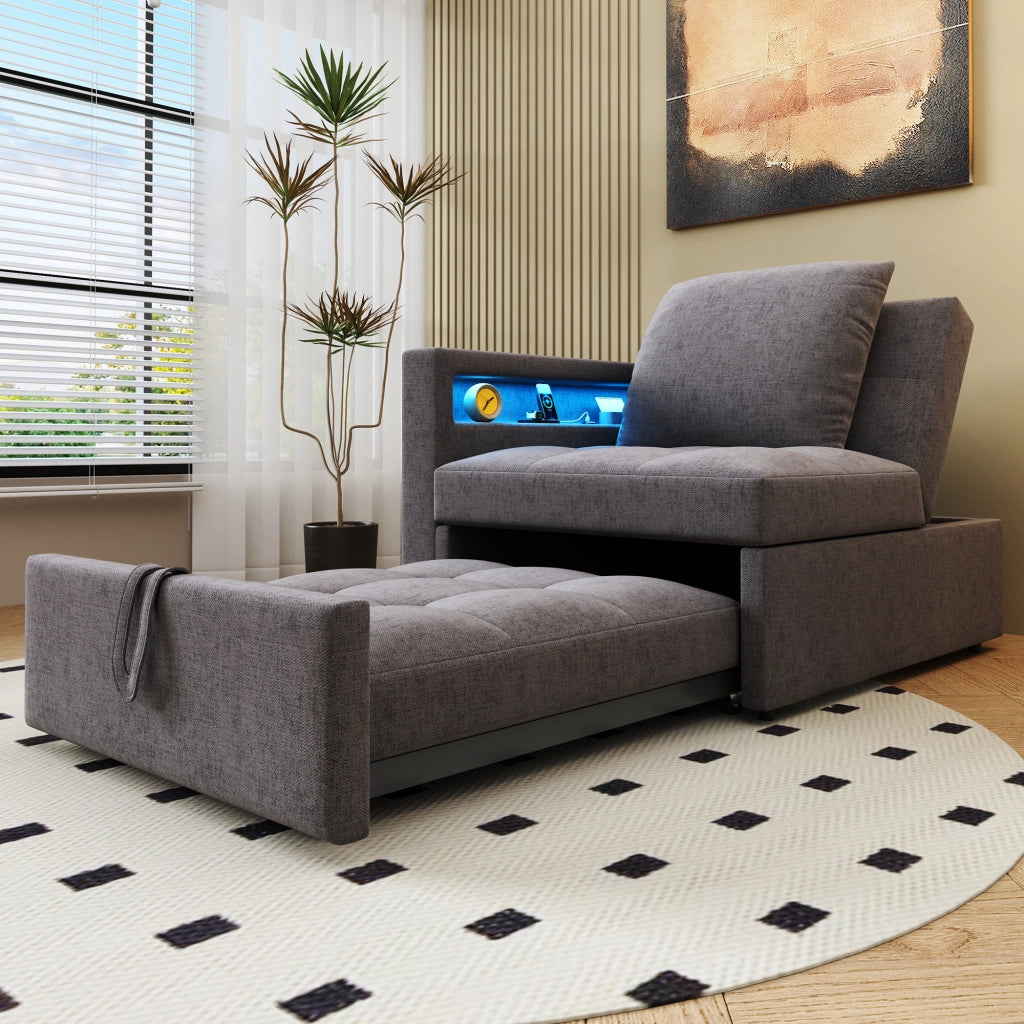 OKWISH Divano Letto 3 in 1, Schienale Regolabile in 5 Posizioni con Porte USB-C e Illuminazione LED, Tessuto Effetto Lino, Grigio Scuro