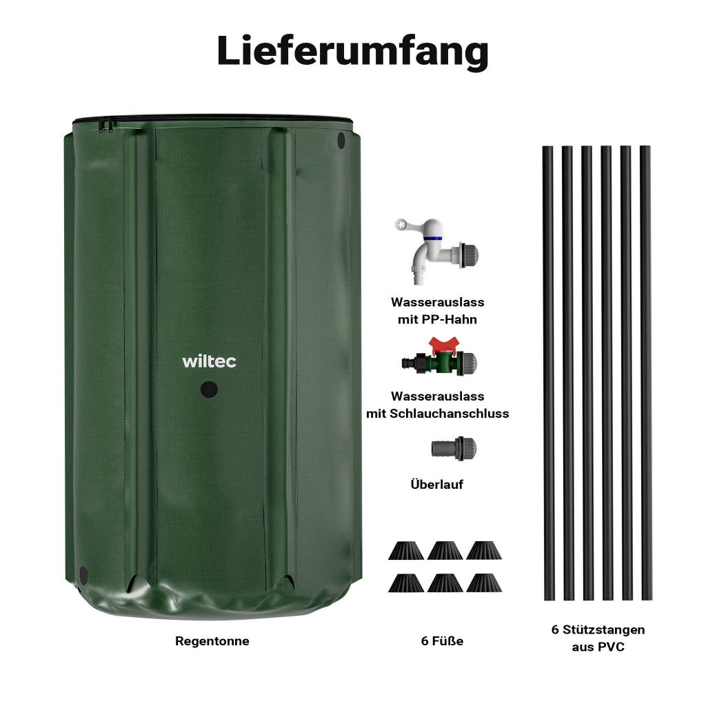 Serbatoio acqua piovana pieghevole da 250 l, con coperchio e rubinetto, contenitore raccolta acqua piovana in PVC da 620 g/m² con attacco per tubo