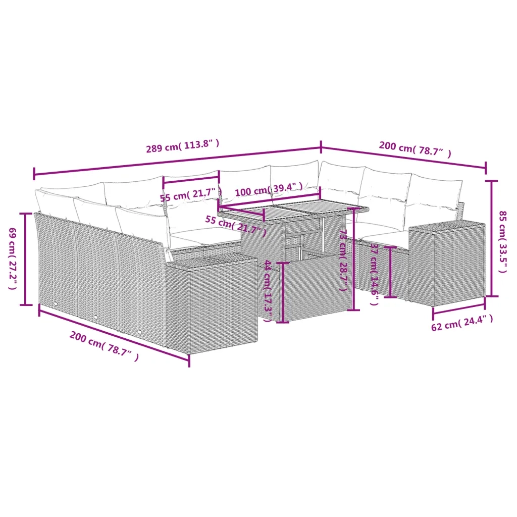 Set Divano da Giardino 10 pz con Cuscini Beige in Polyrattan
