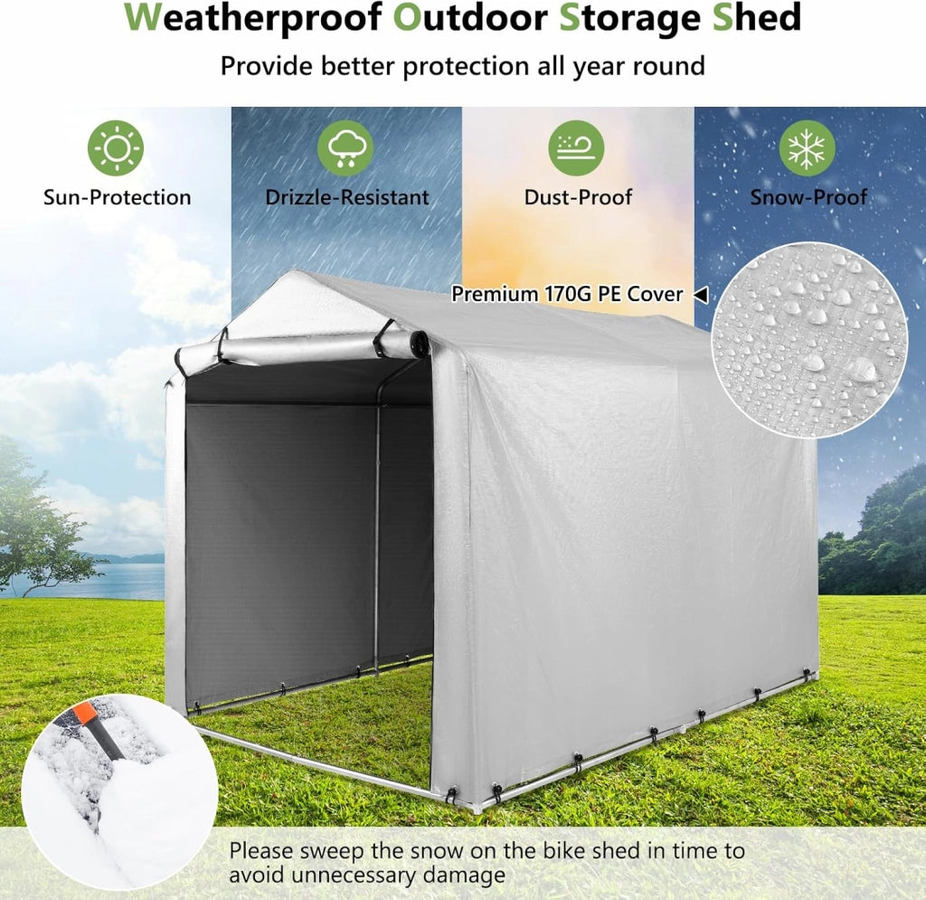 Capanno da Giardino 218 X 160 X 164 CM, Tenda Garage per Bici Moto Attrezzi, con Copertura en PE Impermeabile, Porta con Cerniera, Telaio in Metallo, Picchetti, per Esterno (Grigio Chiaro)