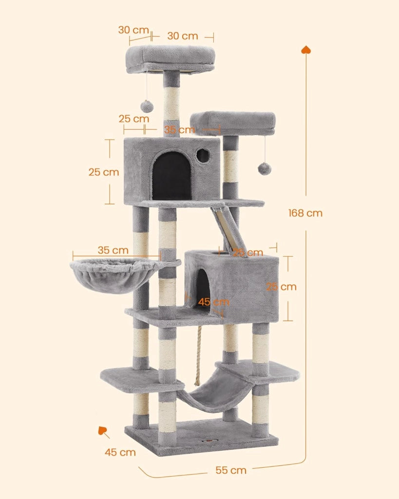 Feandrea Albero per Gatti, Alto 168 cm, Tiragraffi per Gatti con 13 Graffiatoi, 2 Posatoi, 2 Grotte, Cesto, Amaca, Pompon, in Peluche a Più Livelli per Interno, Grigio Chiaro PCT165W01V1
