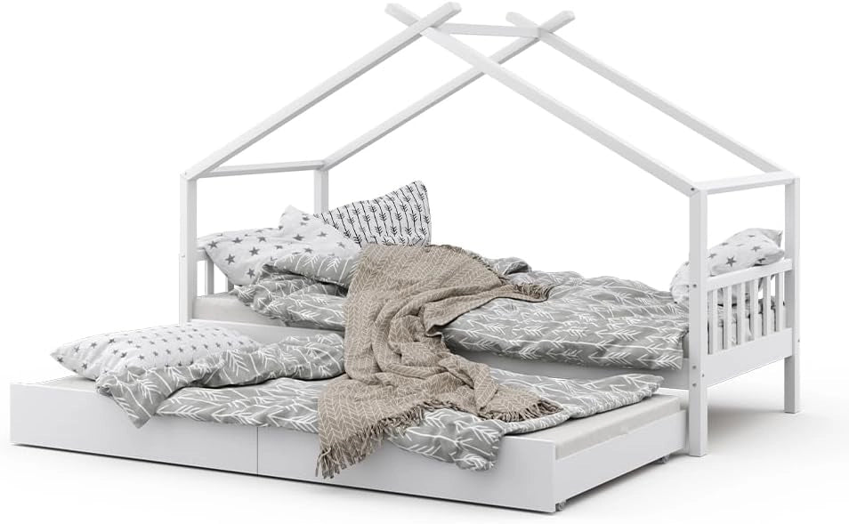 Letto montessori bambini Design, Bianco, 90x200 cm con letto per ospiti, con sponda anticaduta e rete a doghe per un sonno sicuro