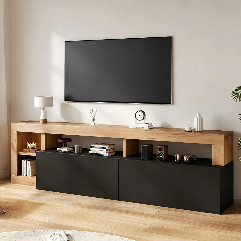 Mobile TV con luci a LED e vani a vista, adatto a televisori da 80 pollici, nei colori legno naturale e nero