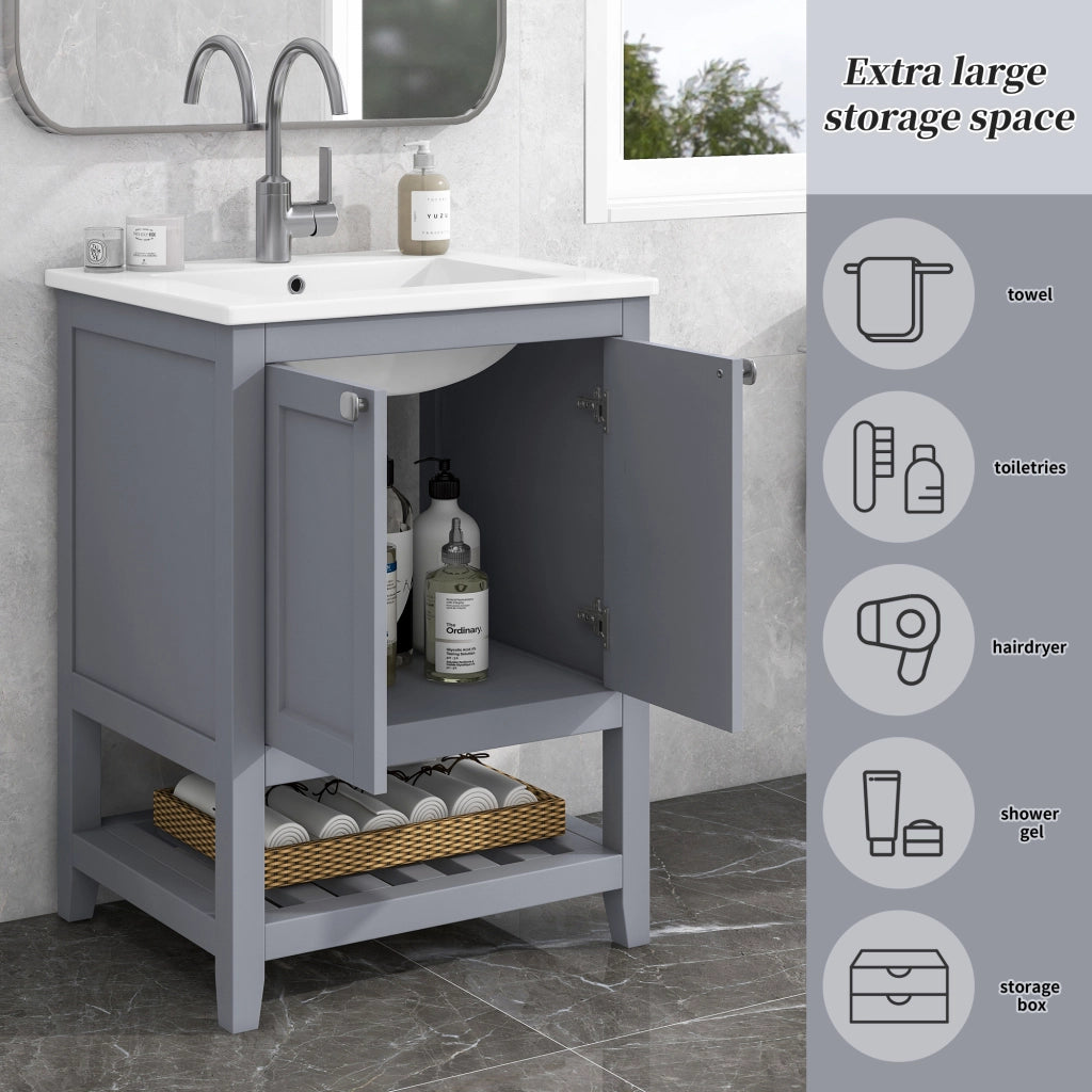 Mobile sottolavabo da terra con lavabo in ceramica; spazio aperto sotto il mobile; in legno massello e MDF; grigio e bianco