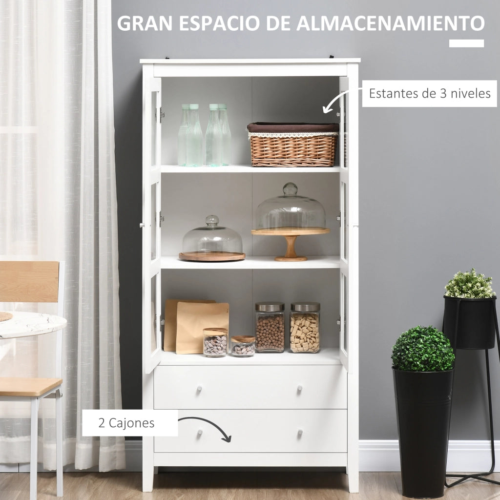 Armadio Vetrina con Ante a Vetro e Cassetti ¨C Zephmum ¨C Bianco 80x40x160cm