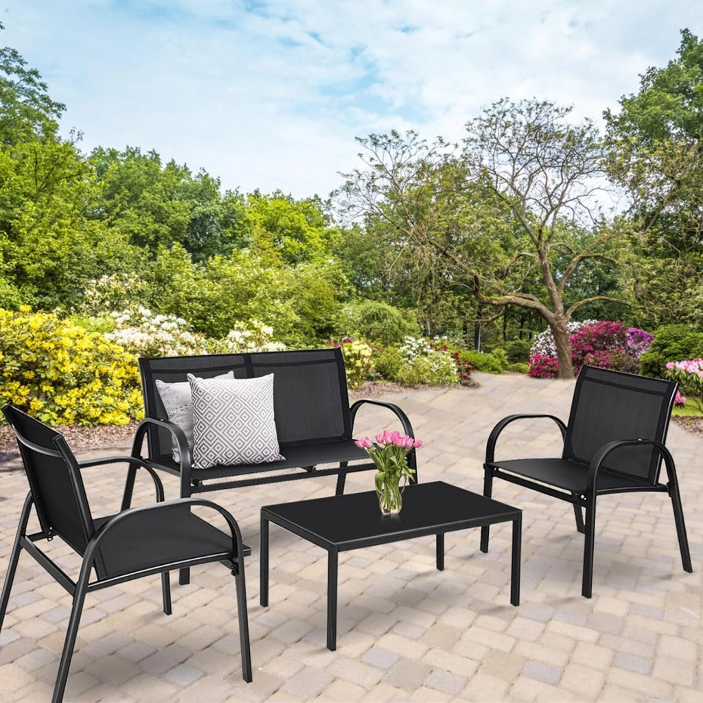 Set da Giardino con 4 Pezzi, Set da Giardino per Chiacchierare, Sedie da Giardino con Tavolino in Vetro, con Struttura Resistente in Ferro, Tessuto a Rete Traspirante (Nero)